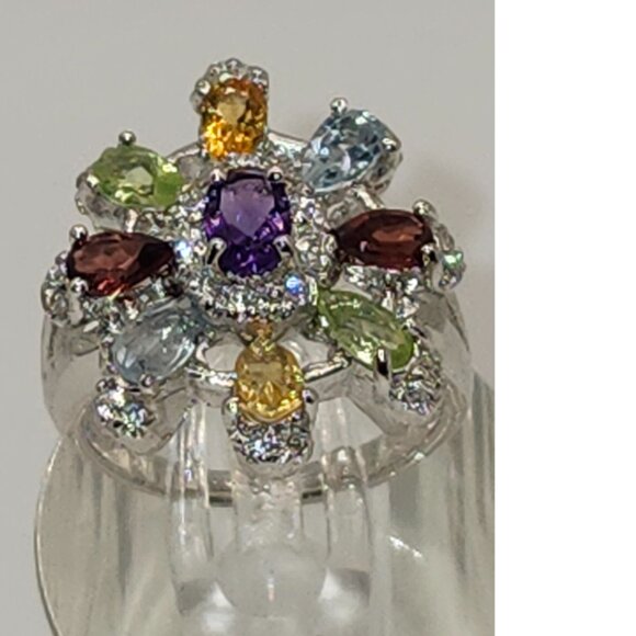 .925 Sterling Silver Floral Amethyst/Peridot/Garnet/Citrine Ring Sz 6 Value $615 - Picture 4 of 7